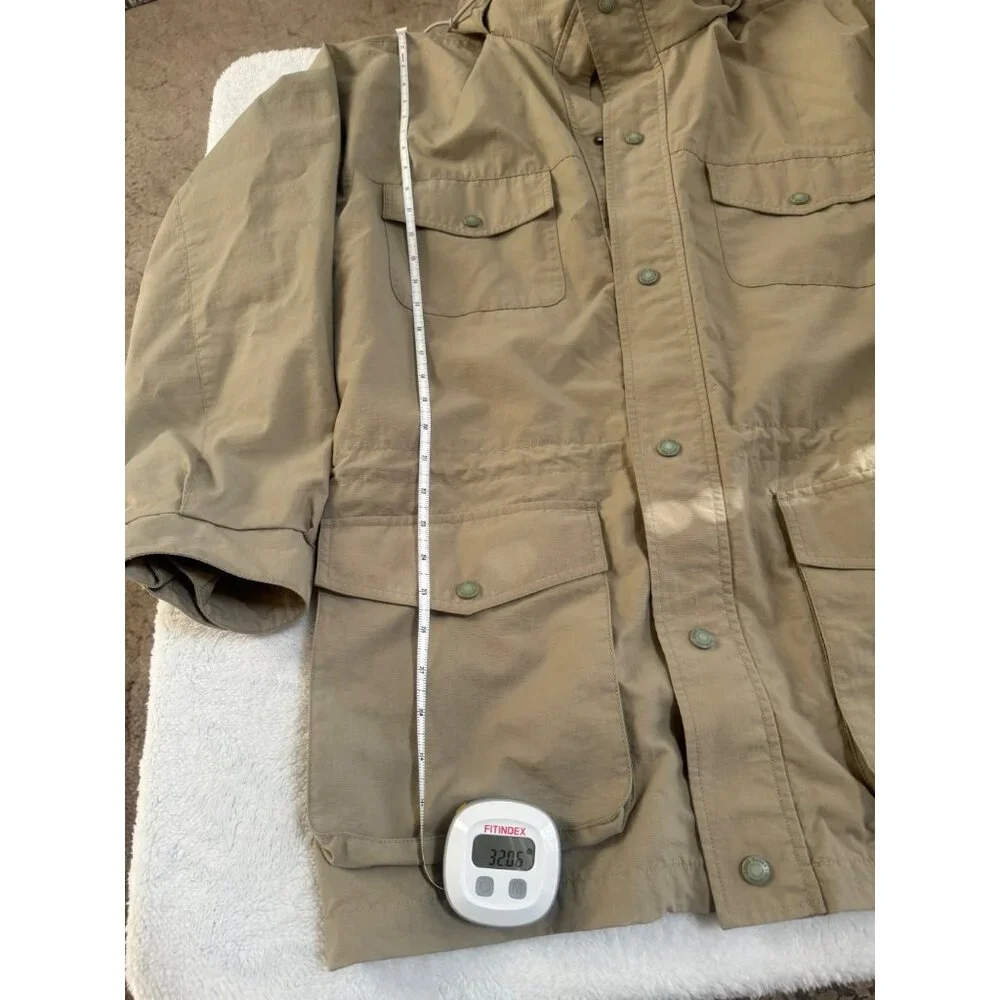 VTG Eddie Bauer Safari Jacket Men's L Tan Drawstring Mock Collar Mid‑Length Coat